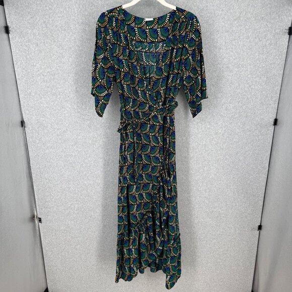 Silk Salt Womans Journey Maxi Wrap Dress Size M African Peacock Green Blue EUC - Picture 1 of 13